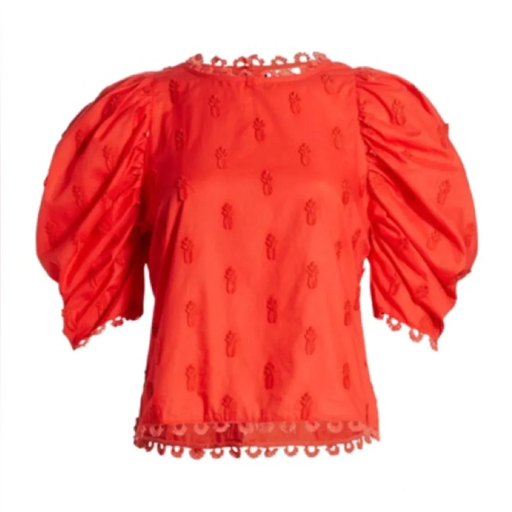 FARM Rio Pineapple Embroidered Puff Sleeve Blouse Top Red Cotton Size Medium - Picture 2 of 8